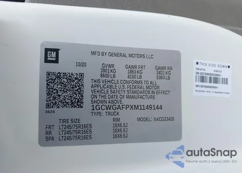 2021 Chevrolet Express Cargo Rwd 2500 Regular Wheelbase Wt z USA, uszkodzony, nr VIN 1GCWGAFPXM1149144